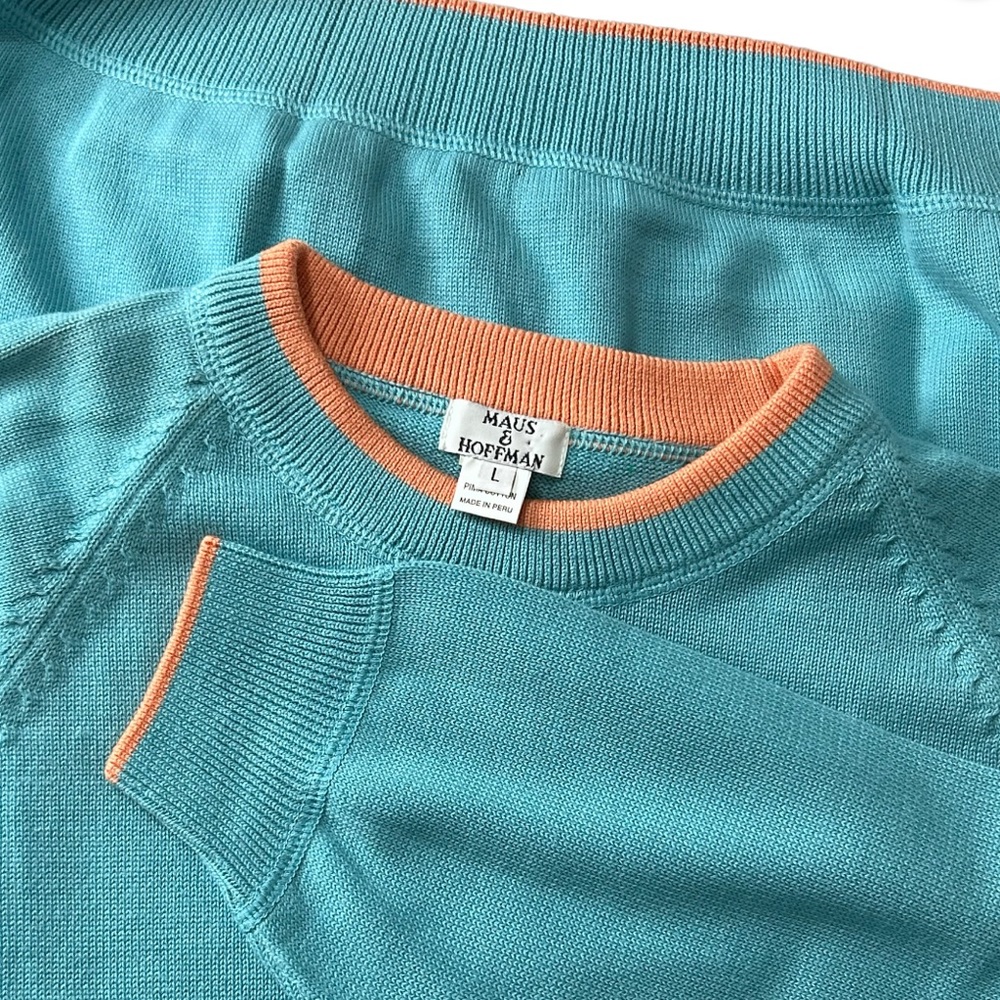 NWOT Maus & Hoffman Men’s Dorset Pima Cotton Crew Sweater Teal & Orange Large